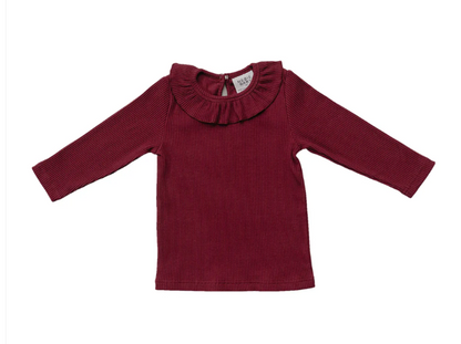 Burgundy Ribbed Ruffle Long Sleeve Top