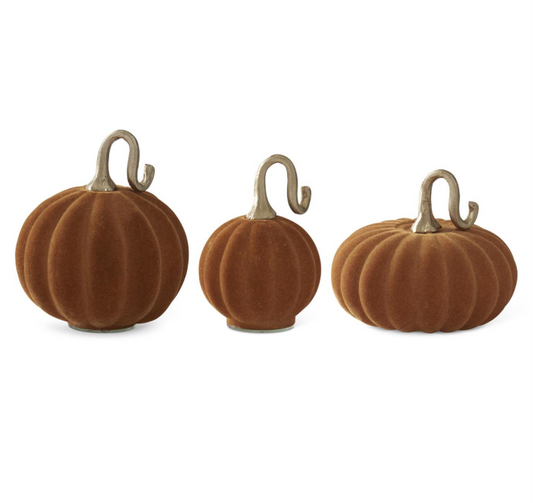 Tan Flocked Glass Pumpkins w/Gold Metal