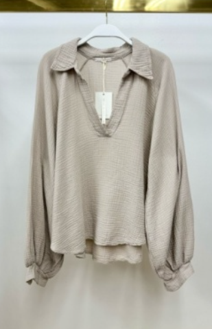 Solid Collared V-neck Cuffed Loose Long Sleeve Oversized Cotton Gauze Top