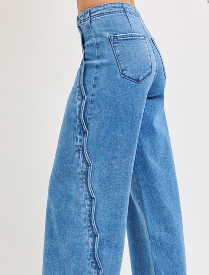 High Rise Wide Leg Jeans with Scalloped Edge Detail