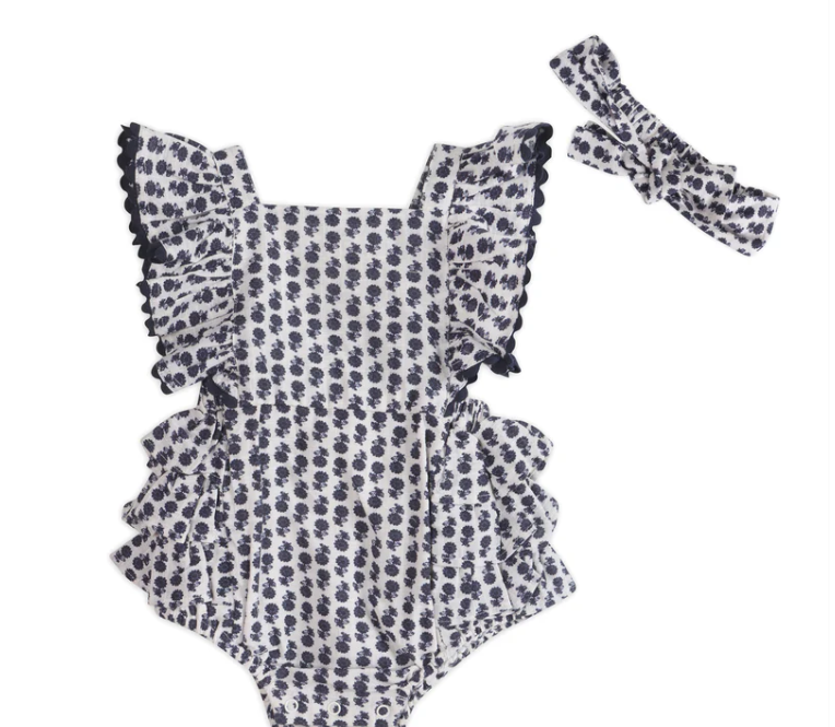 Everly Blue Floral Baby Romper + Headband (Organic)