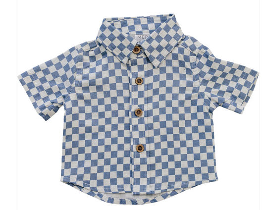 Blue Checkered Linen Button Up Shirt