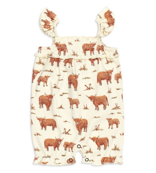 The Gentle Herd Collection - Organic Smocked Bubble Romper - Highland Cow
