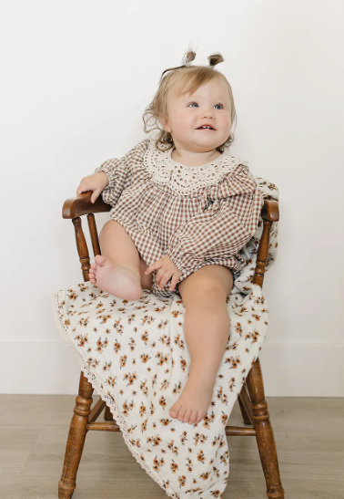 Camel Gingham Lace Bubble Romper