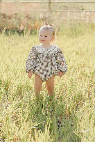 Camel Gingham Lace Bubble Romper