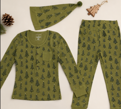 Woman's Holiday Thermal PJ & Cap Set-Twinkle Tree
