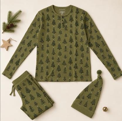 Holiday Thermal Long - Sleeve PJ & Cap Set-Twinkle Tree