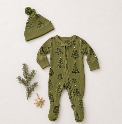 Holiday Thermal 2-Way Zipper Footie & Cap Set-Twinkle Tree