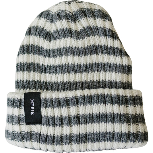Grey & White Stripe Chunky Knit Beanie