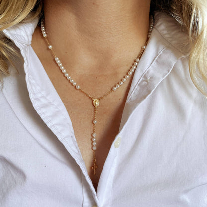 Our Lady of Graces Pearl Rosary Necklace