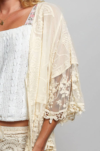 1/2 Sleeve Lace Ruffle Trim Opening Solid Crochet Cardigan