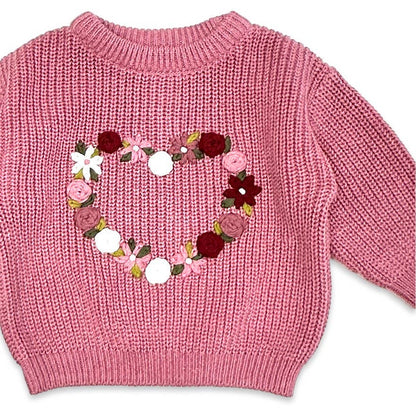 French Rose Heart Embroidered Slouchy Sweater Cardigan