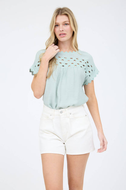 SCALLOP TRIM CUT-OUT SHORT SLEEVE BLOUSE
