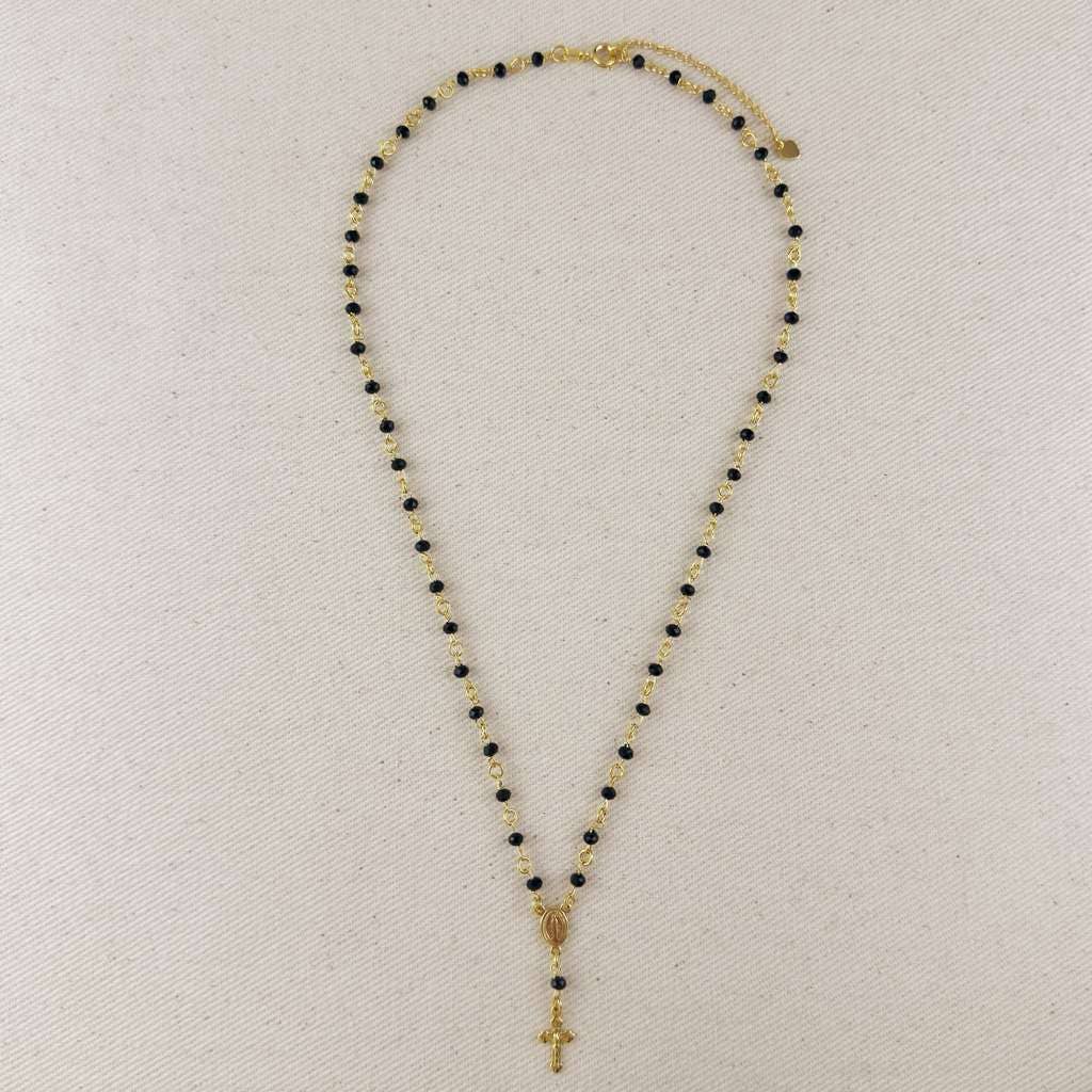 18k gold filled black crystal rosary necklace view 5