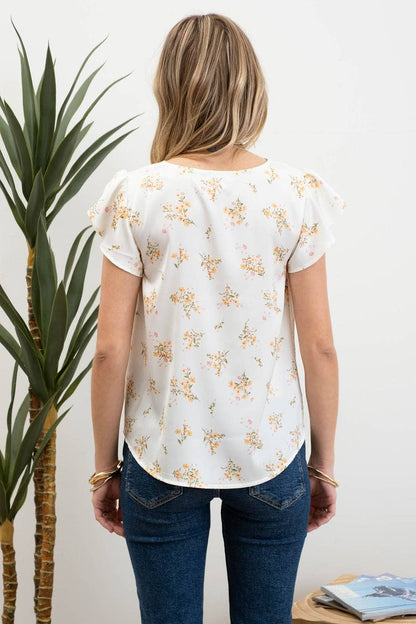 FLORAL PRINT V NECK SCALLOP SATIN BLOUSE