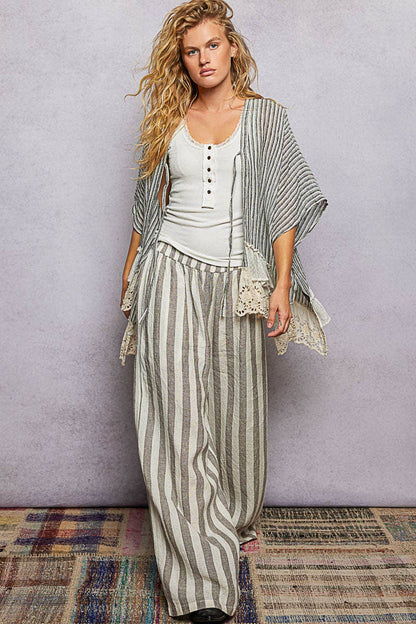 Eyelet Lace Ruffle Stripe Pattern Cardigan Top