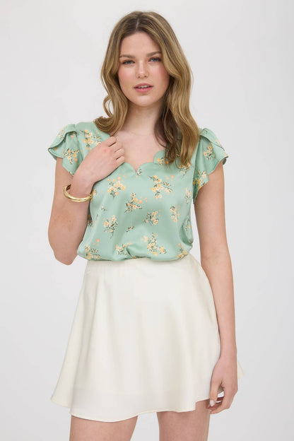 FLORAL PRINT V NECK SCALLOP SATIN BLOUSE
