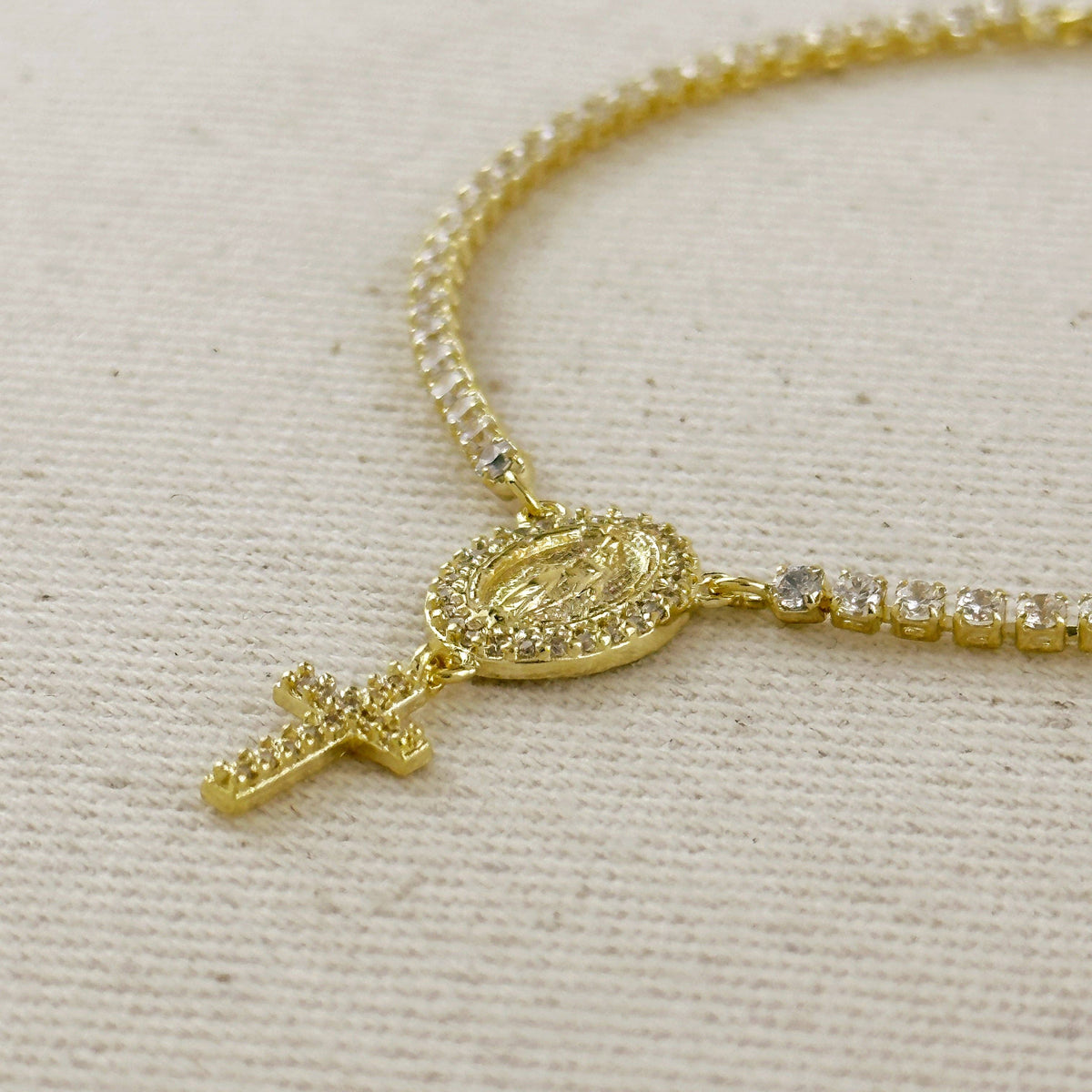 18k gold filled 2.0mm CZ rosary bracelet with Miraculous Mary medal view 5