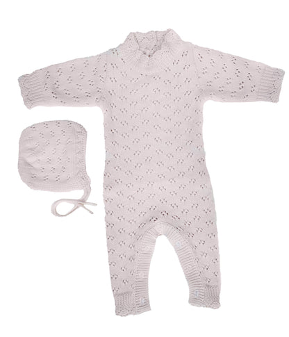 Grace Knitted Romper & Hat Set - Light Pink