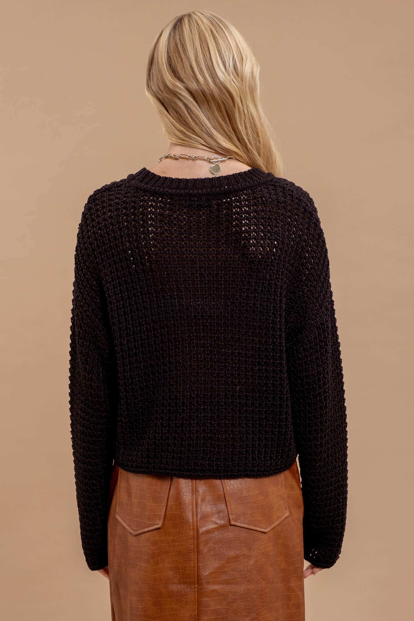 Sheer Black Crewneck Crochet Knit Sweater