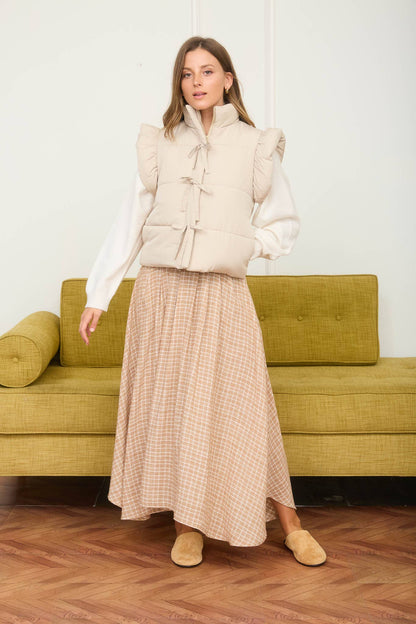 Flutter Sleeve Zip-up Bow Puffer Vest