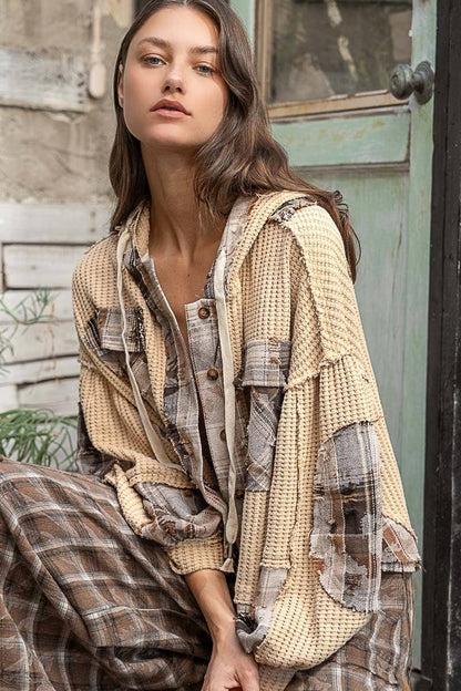 Plaid Hooded Knit Jacket - Brown Sugar