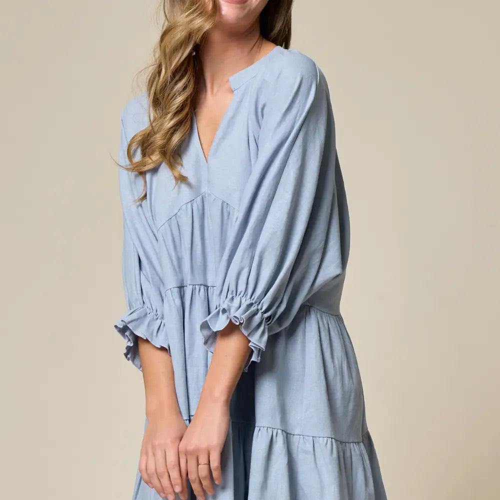 Blue Linen Tier Western Dress