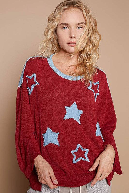 Denim Star Patch Relaxed Long Sleeve Top