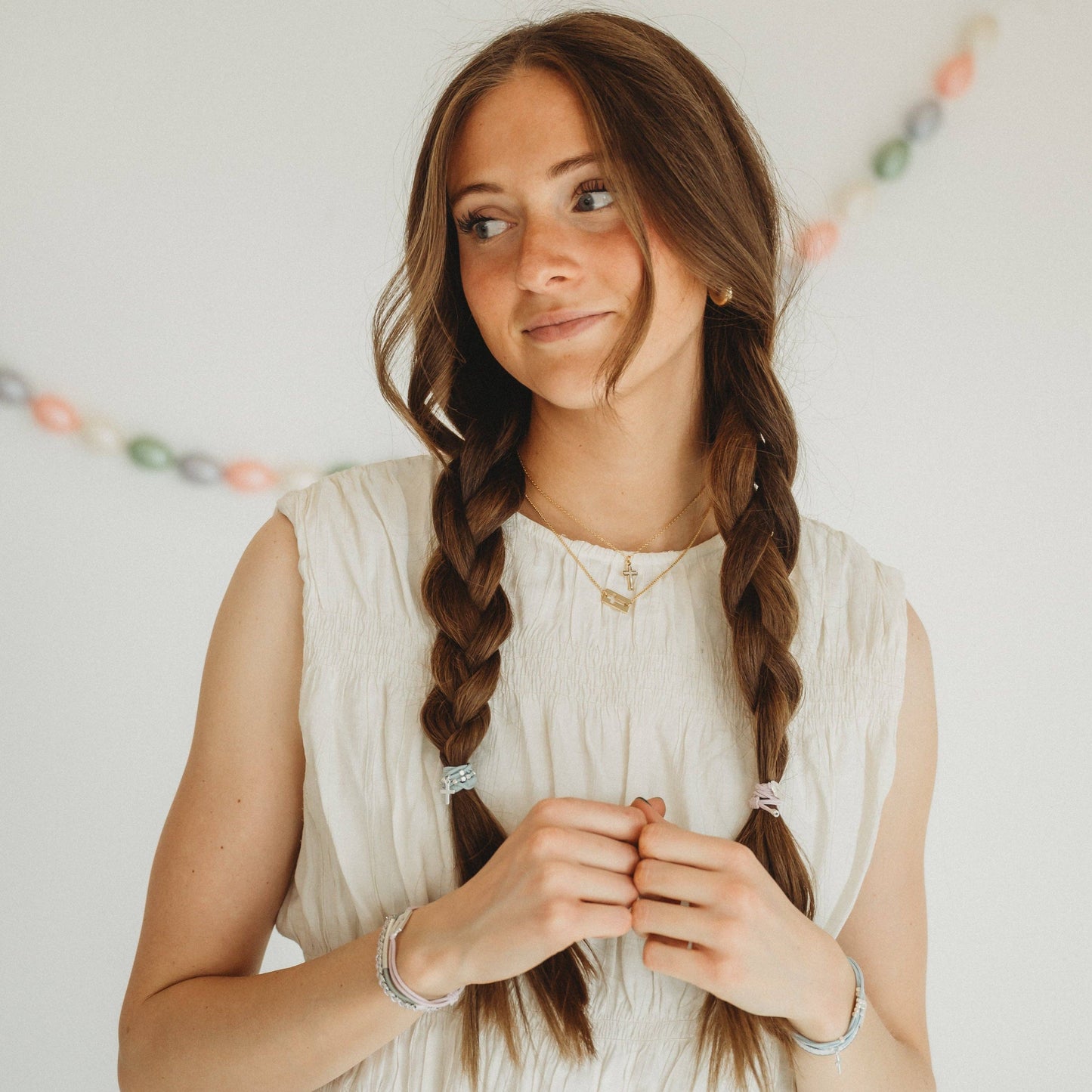 "Praise" Silver Cross with muted Pastels Hair Tie Bracelets
