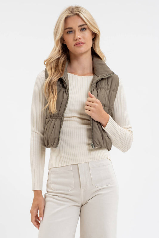 Olive Collared Zip-Up Cropped Puffer Vest