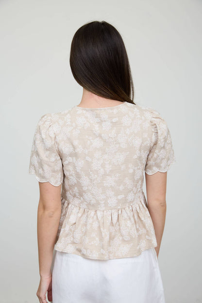 FLORAL EMBROIDERY FRONT TIE SCALLOPED PEPLUM TOP