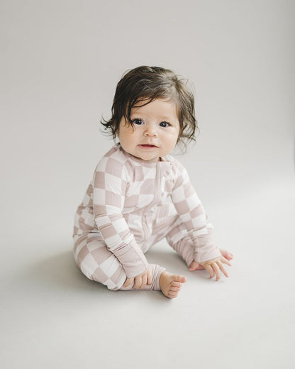 Bamboo Zip Romper - Latte Checkered