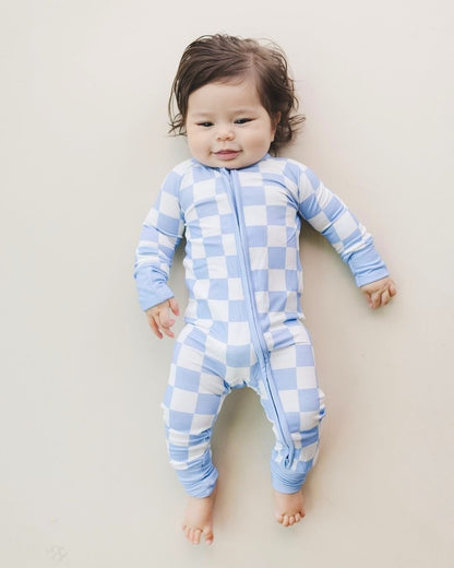 Bamboo Zip Romper - Blue Checkered