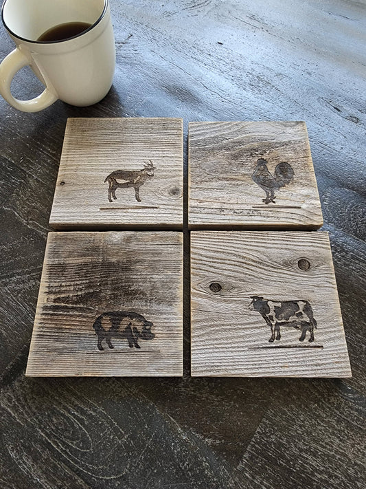 Reclaimed Wood Coasters (Set of 4) - Farm Animals