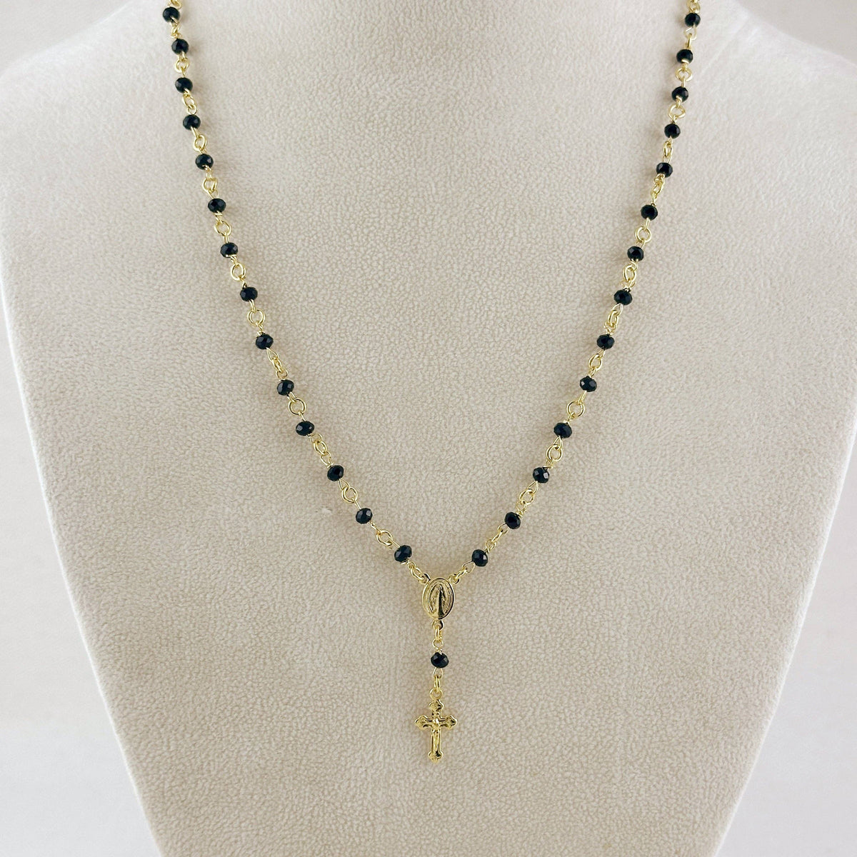 18k gold filled black crystal rosary necklace view 3