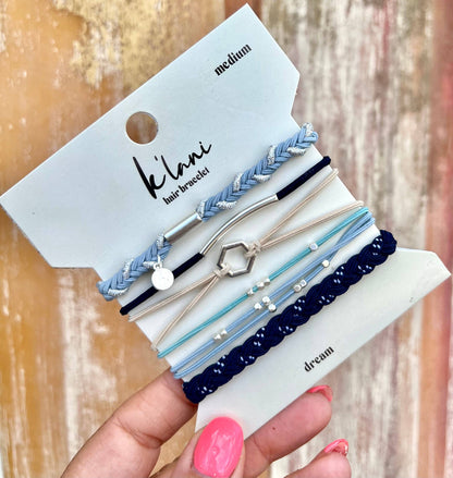 "Dream" Shades of Blue with Silver Accents Hair Tie Bracelets