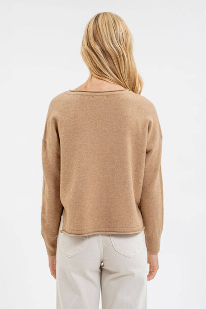 Exposed Seam Split Neck Knit Sweater - Almond