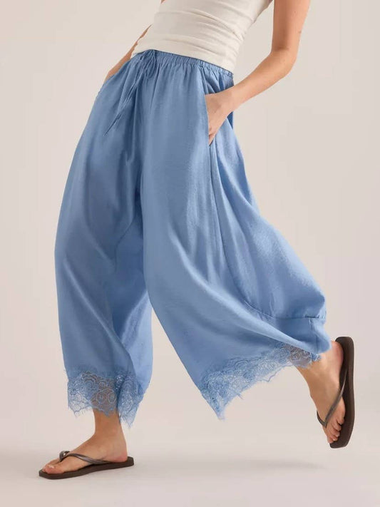 Black lace trim wide-leg pants with elastic waist | Pencie & Ginger