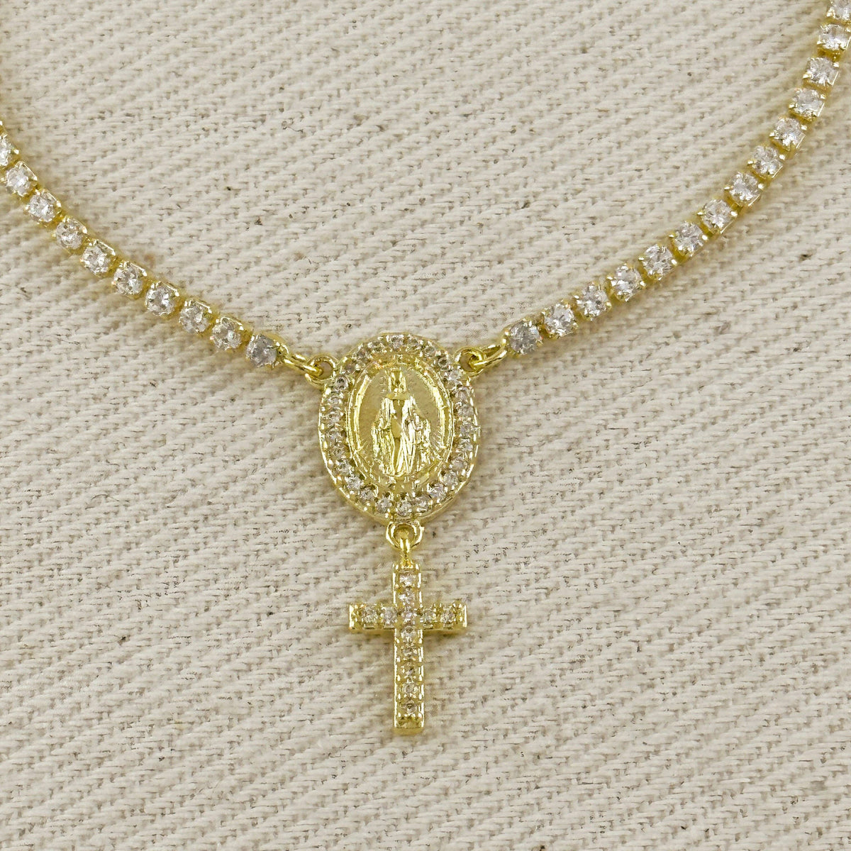 18k gold filled 2.0mm CZ rosary bracelet with Miraculous Mary medal view 3