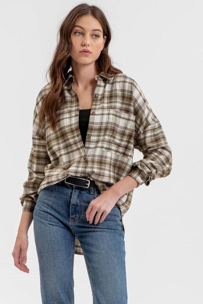 Plaid Collared Button Down Shirt - Olive Multi