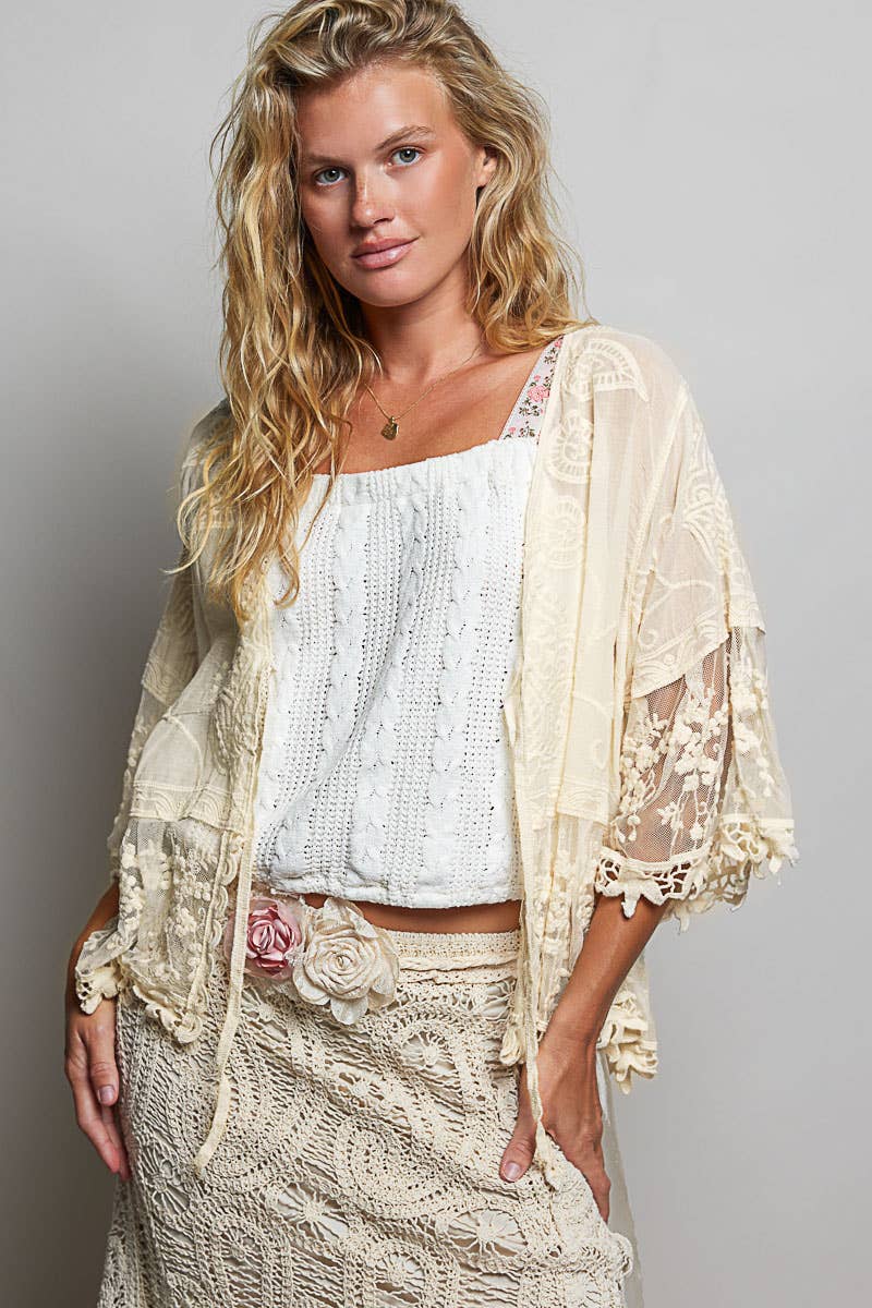 1/2 Sleeve Lace Ruffle Trim Opening Solid Crochet Cardigan