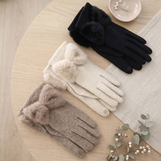 Faux Fur Bow Point Soft Knit Touchscreen Gloves