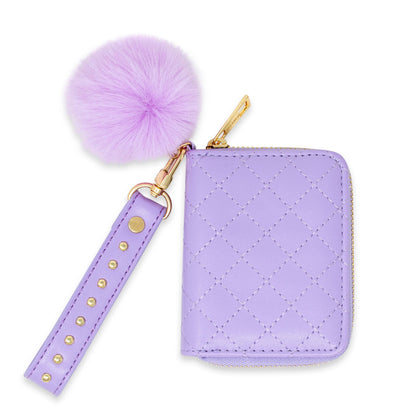 Quilted Stud Strap Wallet with Pom-Pom