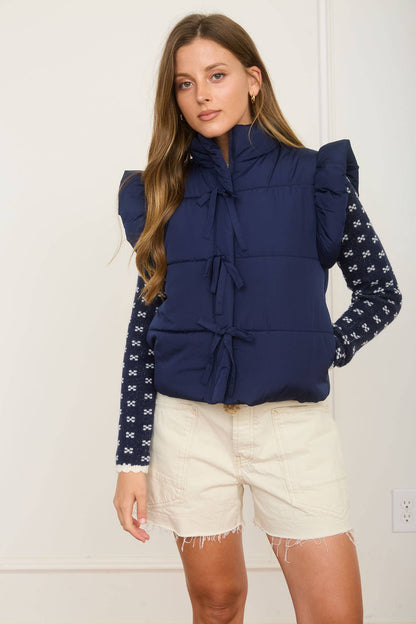 Flutter Sleeve Zip-up Bow Puffer Vest