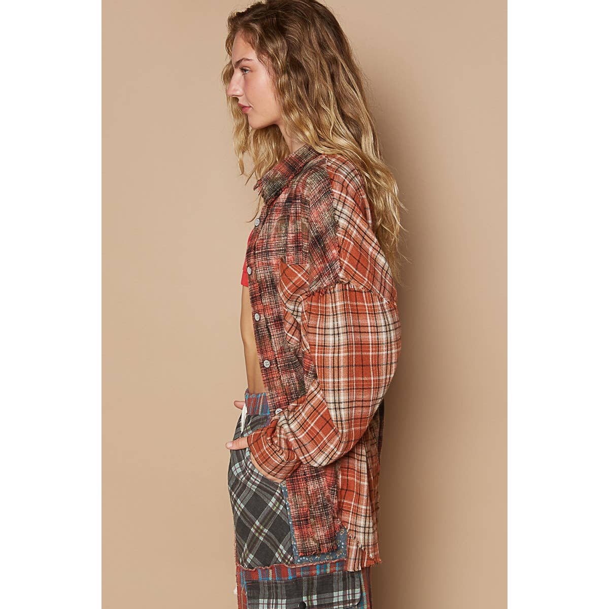 Oversized Patch Plaid Shirt - Brick