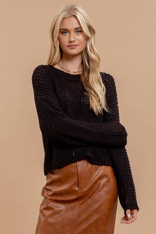 Sheer Black Crewneck Crochet Knit Sweater