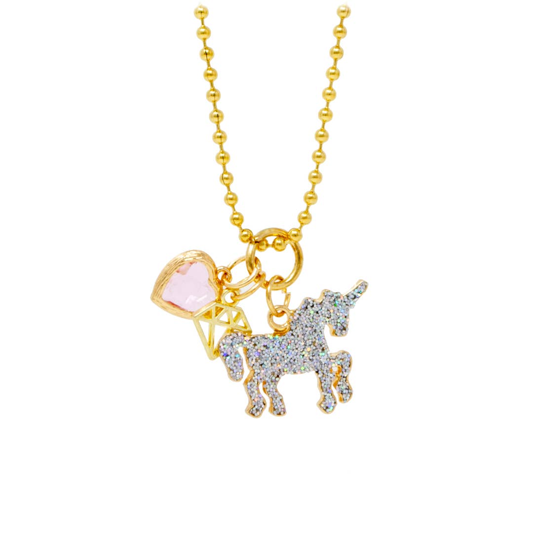 Shiny Unicorn, Heart & Gem Gold Charm Necklace