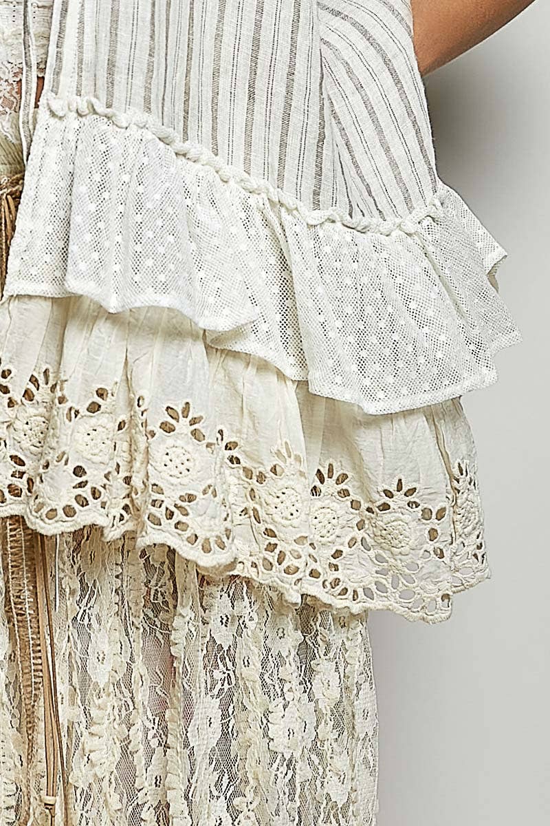 Eyelet Lace Ruffle Stripe Pattern Cardigan Top