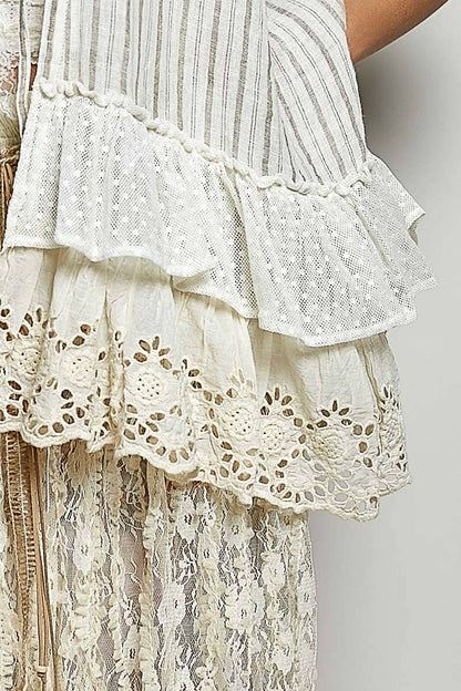 Eyelet Lace Ruffle Stripe Pattern Cardigan Top