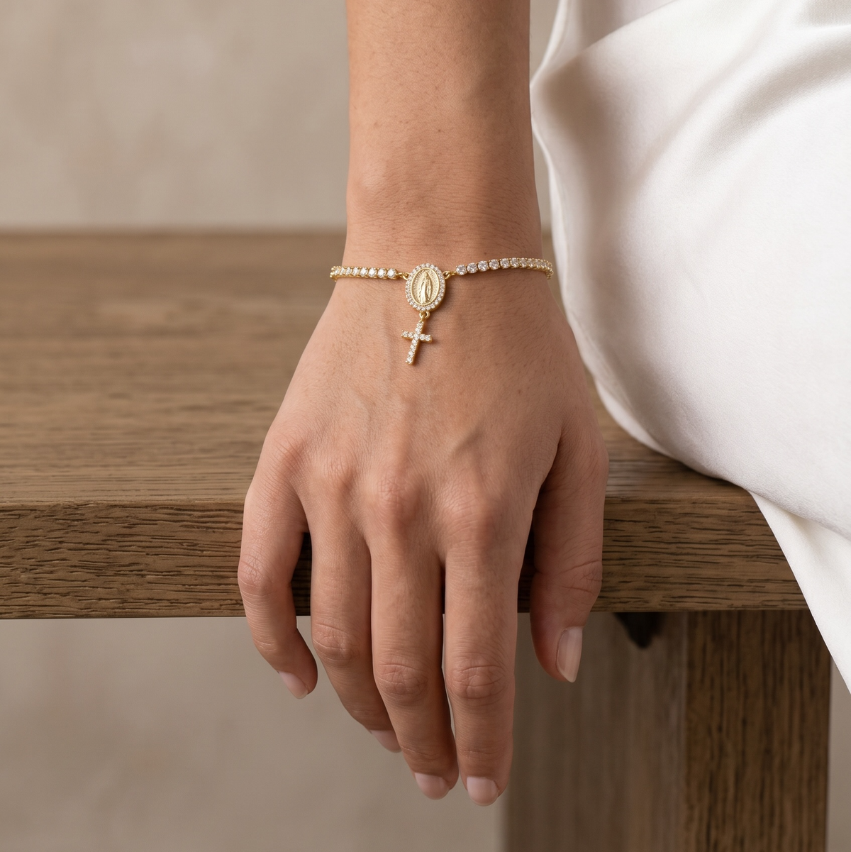 18k gold filled 2.0mm CZ rosary bracelet with Miraculous Mary medal view 2